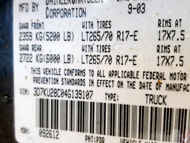 3D7KU28C04G139107 - 2004 DODGE RAM 2500 S ნაცრისფერი ფოტო 10