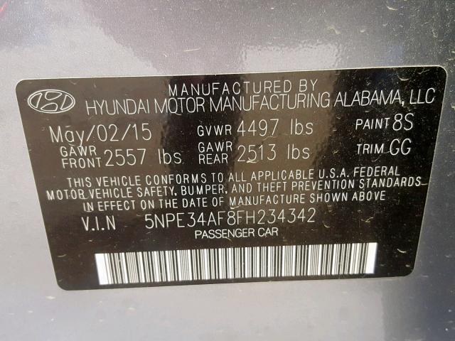 5NPE34AF8FH234342 - 2015 HYUNDAI SONATA SPO GRAY photo 10