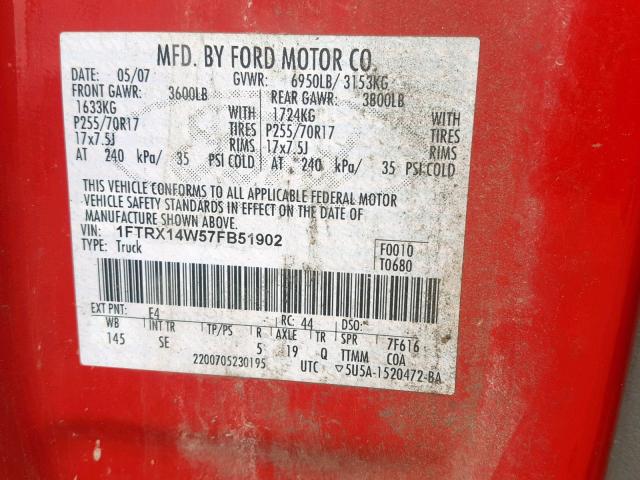 1FTRX14W57FB51902 - 2007 FORD F150 RED photo 10