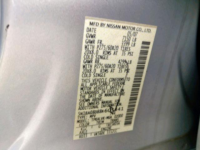 5N1BA08D88N605441 - 2008 NISSAN ARMADA SE SILVER photo 10