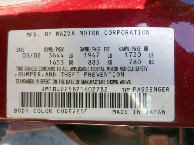 JM1BJ225821602782 - 2002 MAZDA PROTEGE DX BURGUNDY photo 10