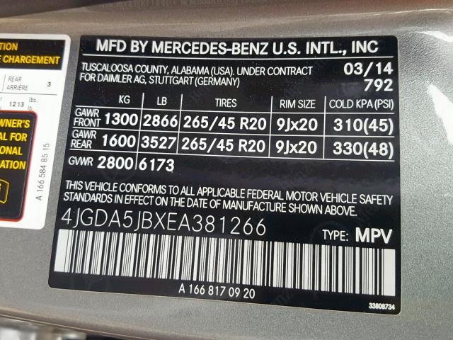 4JGDA5JBXEA381266 - 2014 MERCEDES-BENZ ML 350 GRAY photo 10