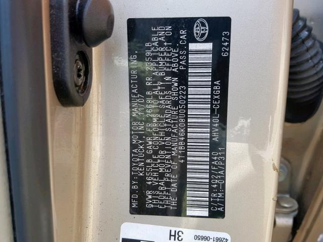 4T1BB46K08U050223 - 2008 TOYOTA CAMRY HYBR TAN photo 10