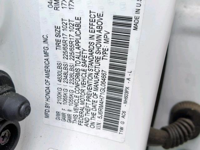 5J6RM4H71GL064667 - 2016 HONDA CR-V EXL WHITE photo 10