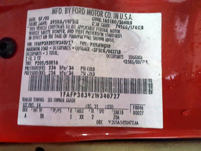 1FAFP38392W340727 - 2002 FORD FOCUS ZTS RED photo 10