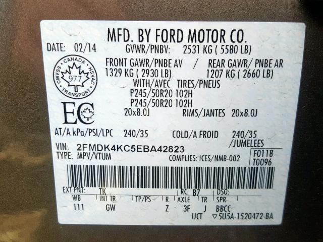 2FMDK4KC5EBA42823 - 2014 FORD EDGE LIMIT GRAY photo 10