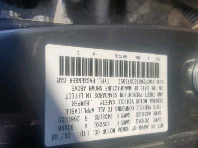 JHMCP26878C075997 - 2008 HONDA ACCORD EXL GRAY photo 10