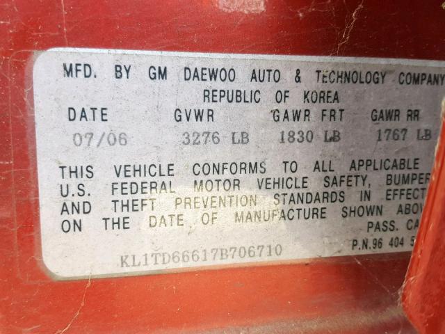 KL1TD66617B706710 - 2007 CHEVROLET AVEO BASE Қызыл фото 10