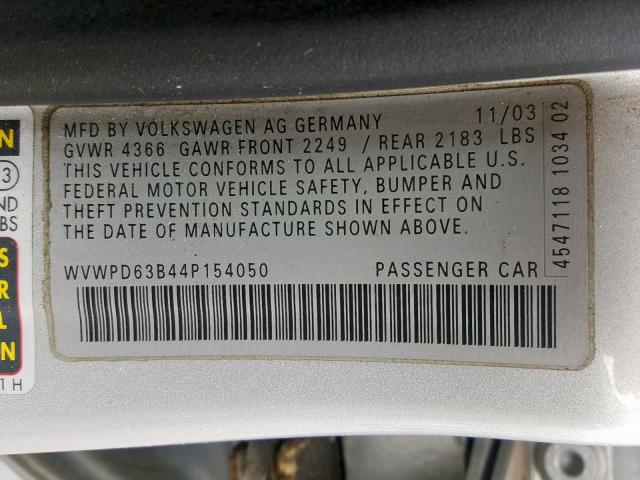 WVWPD63B44P154050 - 2004 VOLKSWAGEN PASSAT GLS SILVER photo 10