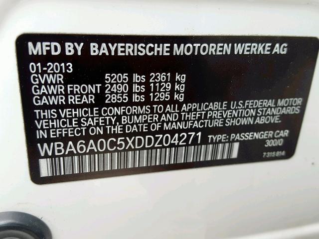 WBA6A0C5XDDZ04271 - 2013 BMW 640 I WHITE photo 10