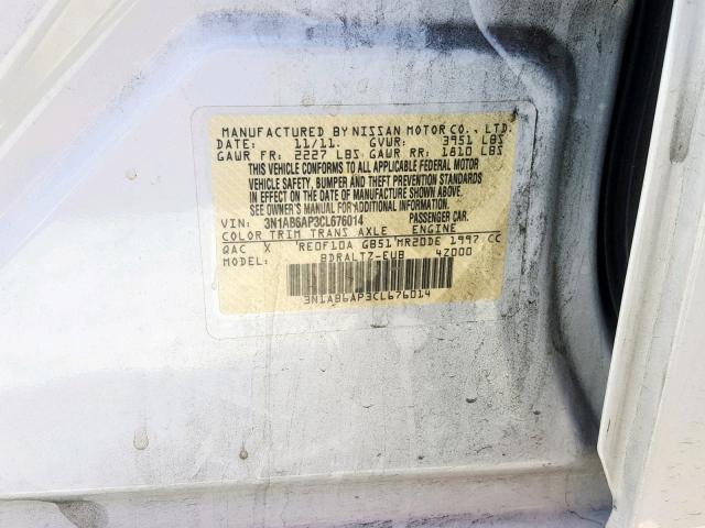 3N1AB6AP3CL676014 - 2012 NISSAN SENTRA 2.0 WHITE photo 10