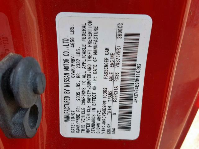 JNKCV64E98M110362 - 2008 INFINITI G37 BASE RED photo 10