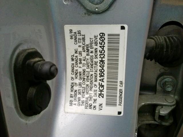 2HGFA16649H354509 - 2009 HONDA CIVIC LX-S Gümüş foto 10