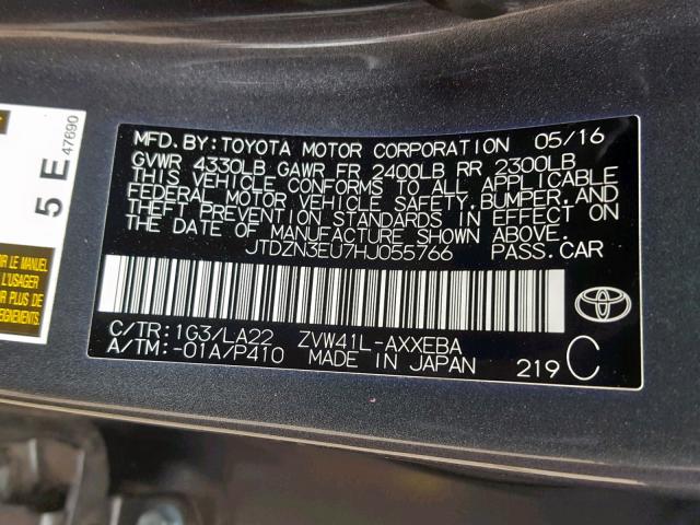 JTDZN3EU7HJ055766 - 2017 TOYOTA PRIUS V GRAY photo 10