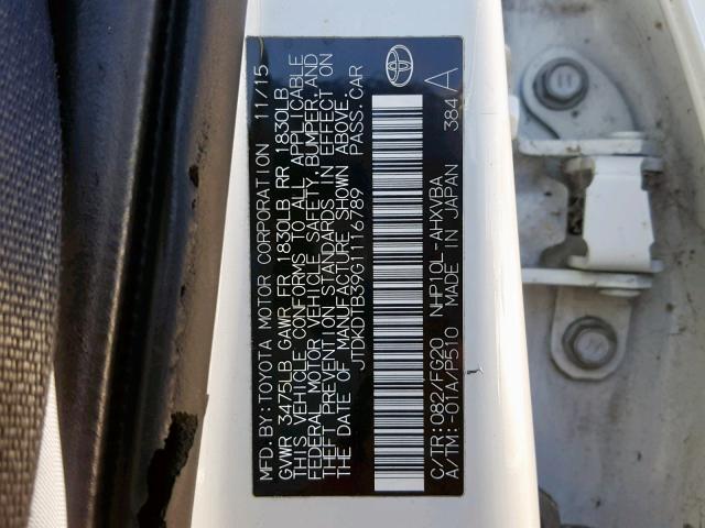 JTDKDTB39G1116789 - 2016 TOYOTA PRIUS C WHITE photo 10