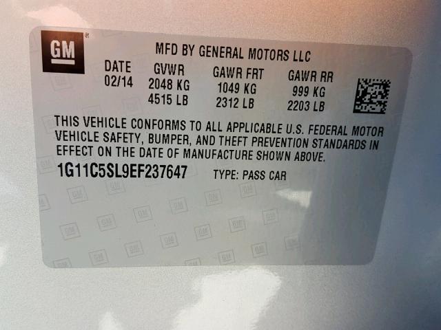 1G11C5SL9EF237647 - 2014 CHEVROLET MALIBU 1LT 银色 照片 10