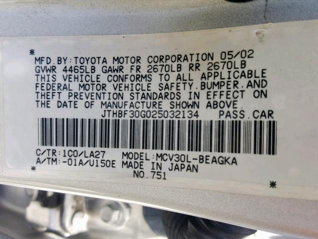 JTHBF30G025032134 - 2002 LEXUS ES 300 SILVER photo 10