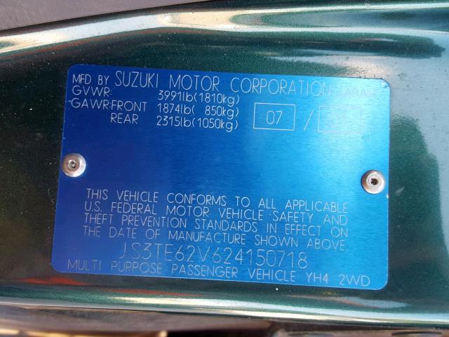 JS3TE62V624150718 - 2002 SUZUKI GRAND VITA GREEN photo 10