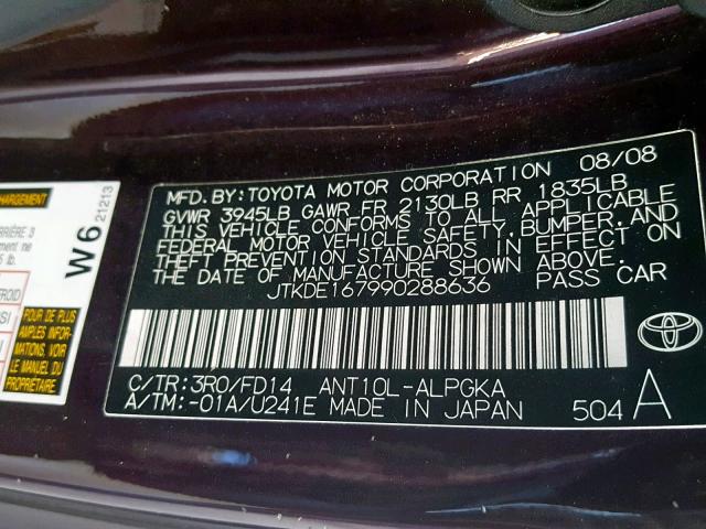 JTKDE167990288636 - 2009 TOYOTA SCION TC ბურგუნდია ფოტო 10