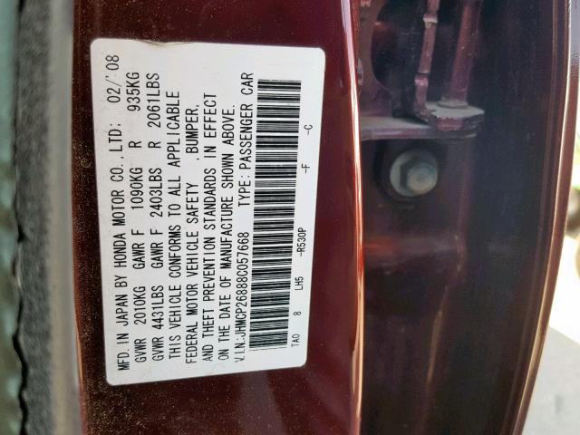 JHMCP26888C057668 - 2008 HONDA ACCORD EXL BURGUNDY photo 10