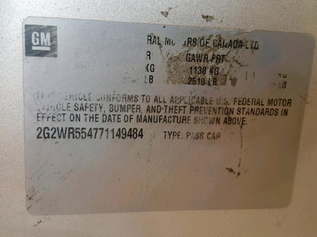 2G2WR554771149484 - 2007 PONTIAC GRAND PRIX SILVER photo 10