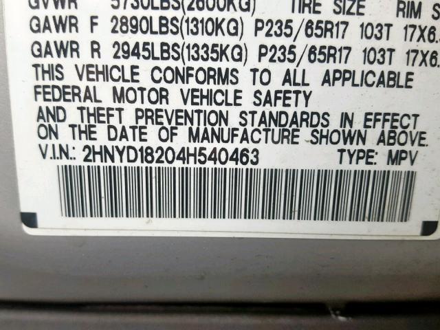 2HNYD18204H540463 - 2004 ACURA MDX SILVER photo 10