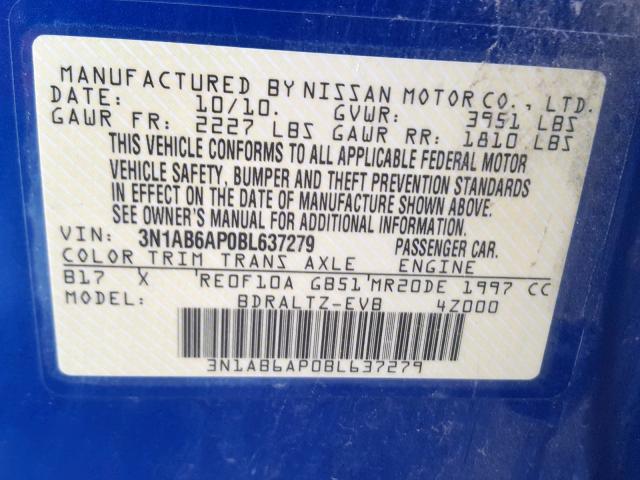 3N1AB6AP0BL637279 - 2011 NISSAN SENTRA 2.0 BLUE photo 10