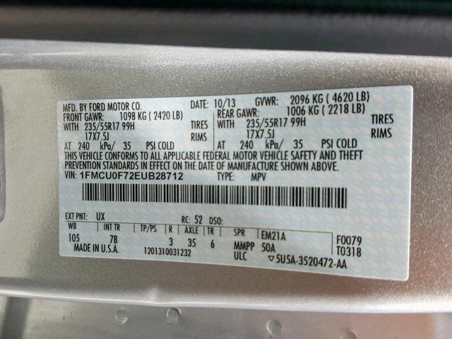 1FMCU0F72EUB28712 - 2014 FORD ESCAPE S SILVER photo 10