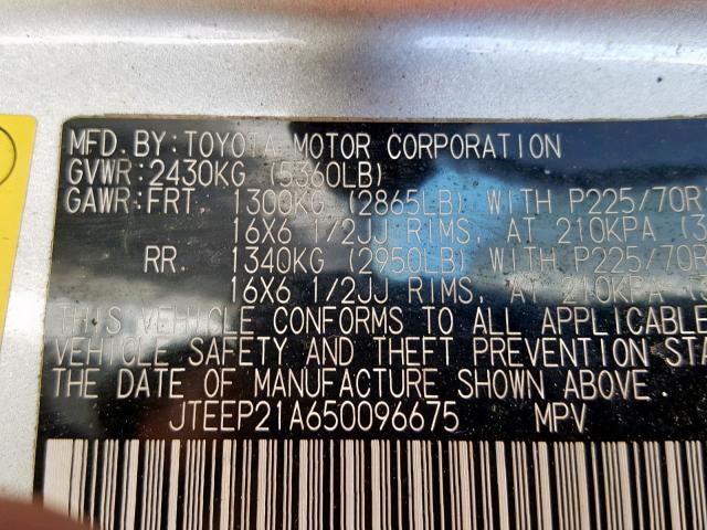 JTEEP21A650096675 - 2005 TOYOTA HIGHLANDER SILVER photo 10