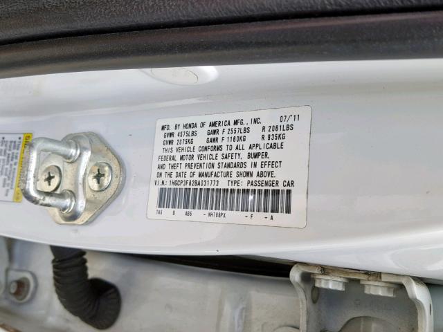 1HGCP3F82BA031773 - 2011 HONDA ACCORD EXL WHITE photo 10