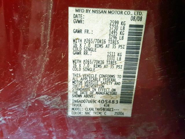 1N6AD07U69C405483 - 2009 NISSAN FRONTIER C MAROON photo 10