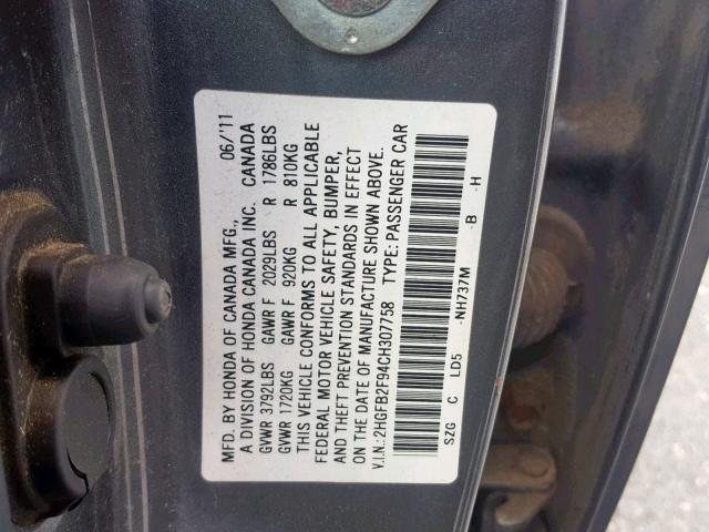 2HGFB2F94CH307758 - 2012 HONDA CIVIC EXL GRAY photo 10