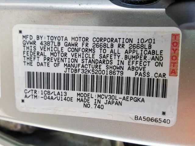 JTDBF32K520018679 - 2002 TOYOTA CAMRY LE SILVER photo 10