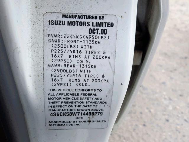 4S6CK58W714405279 - 2001 HONDA PASSPORT E WHITE photo 10