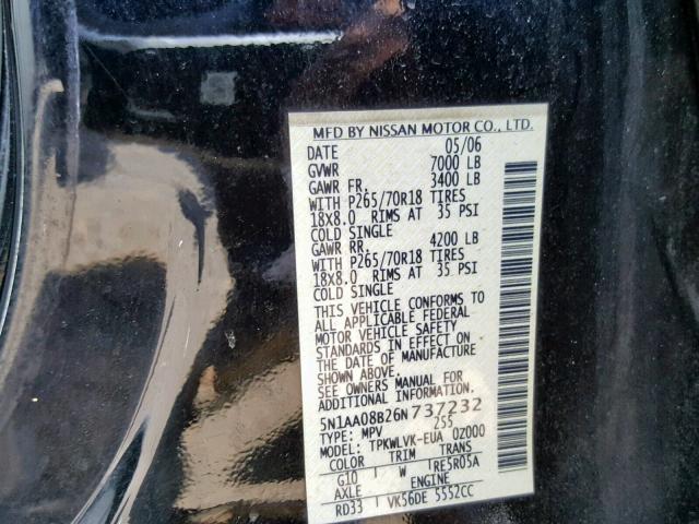 5N1AA08B26N737232 - 2006 NISSAN ARMADA SE BLACK photo 10