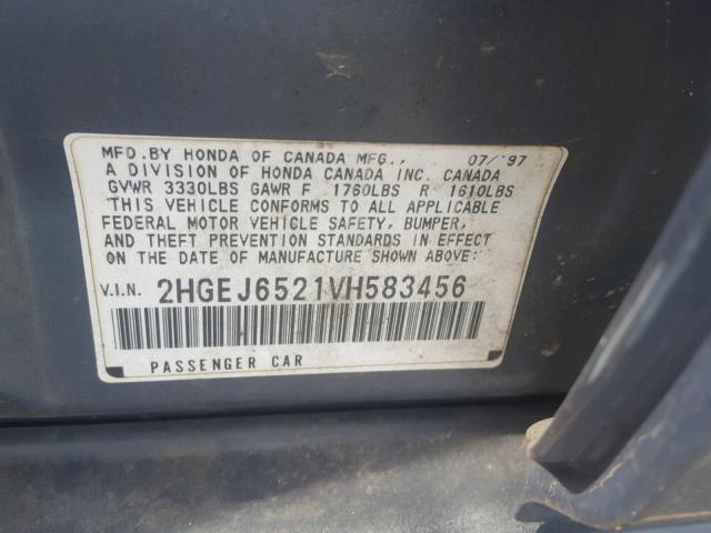 2HGEJ6521VH583456 - 1997 HONDA CIVIC DX GRAY photo 10