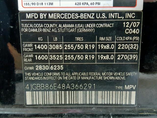 4JGBB86E48A366291 - 2008 MERCEDES-BENZ ML 350 BLACK photo 10