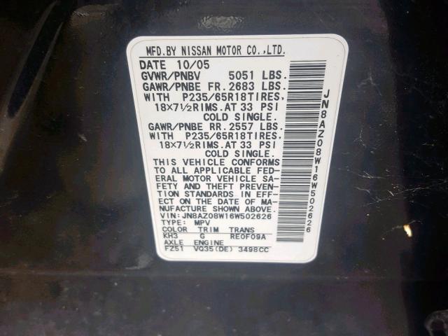 JN8AZ08W16W502626 - 2006 NISSAN MURANO SL BLACK photo 10