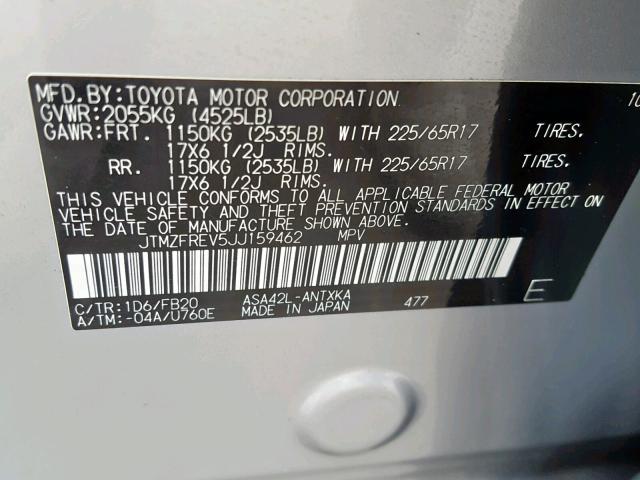 JTMZFREV5JJ159462 - 2018 TOYOTA RAV4 LE SILVER photo 10