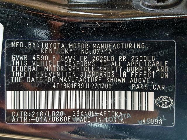 4T1BK1EB9JU271700 - 2018 TOYOTA AVALON XLE BLACK photo 10