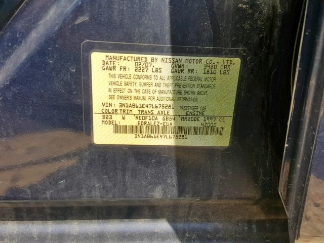 3N1AB61E47L675281 - 2007 NISSAN SENTRA 2.0 BLUE photo 10