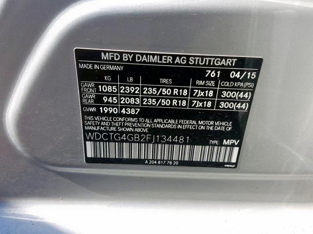 WDCTG4GB2FJ134481 - 2015 MERCEDES-BENZ GLA 250 4M SILVER photo 10