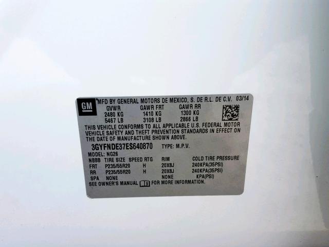 3GYFNDE37ES640870 - 2014 CADILLAC SRX PREMIU WHITE photo 10