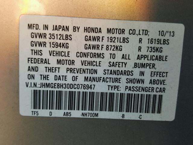 JHMGE8H30DC076947 - 2013 HONDA FIT SILVER photo 10