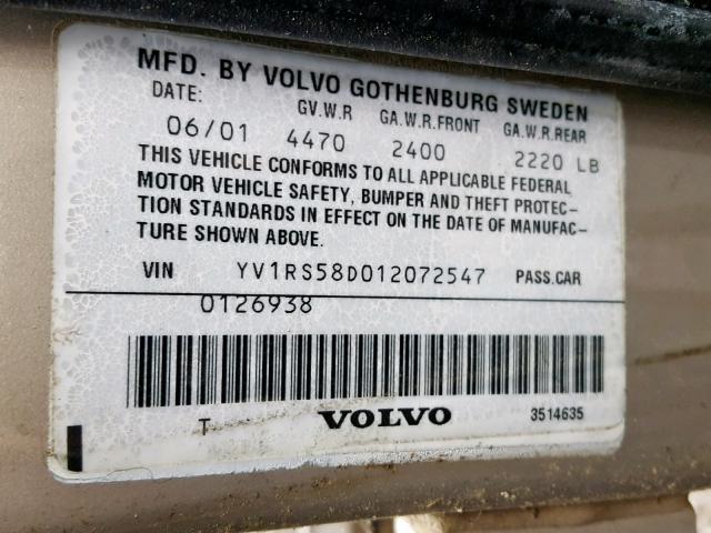 YV1RS58D012072547 - 2001 VOLVO S60 2.4T TAN photo 10