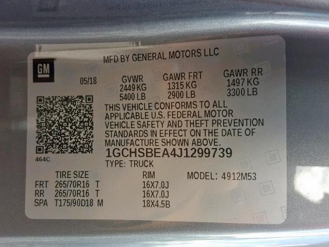 1GCHSBEA4J1299739 - 2018 CHEVROLET COLORADO GRAY photo 10