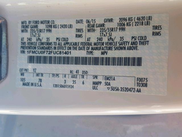 1FMCU0F72FUC81401 - 2015 FORD ESCAPE S WHITE photo 10