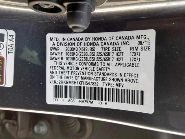 2HKRM3H7XFH547822 - 2015 HONDA CR-V EXL GRAY photo 10