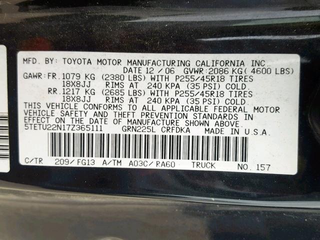 5TETU22N17Z365111 - 2007 TOYOTA TACOMA X-R BLACK photo 10