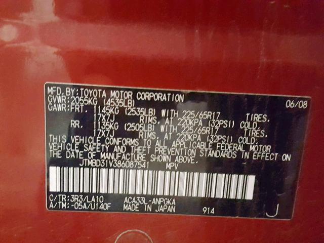 JTMBD31V386087541 - 2008 TOYOTA RAV4 LIMIT RED photo 10